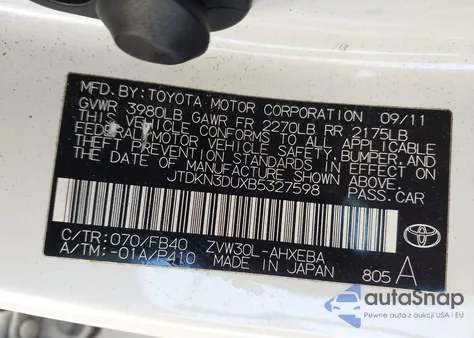 2011 Toyota Prius Three z USA, uszkodzony, nr VIN JTDKN3DUXB5327598